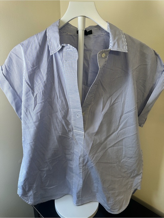 J. Crew Tops - Blue and White Stripe Short-Sleeve J Crew Popover Shirt Size 12 Crisp Cotton
